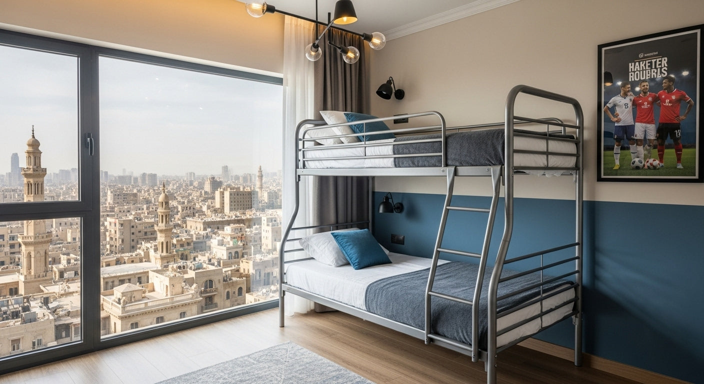 Bunk bed in a room with large windows offering a cityscape view.