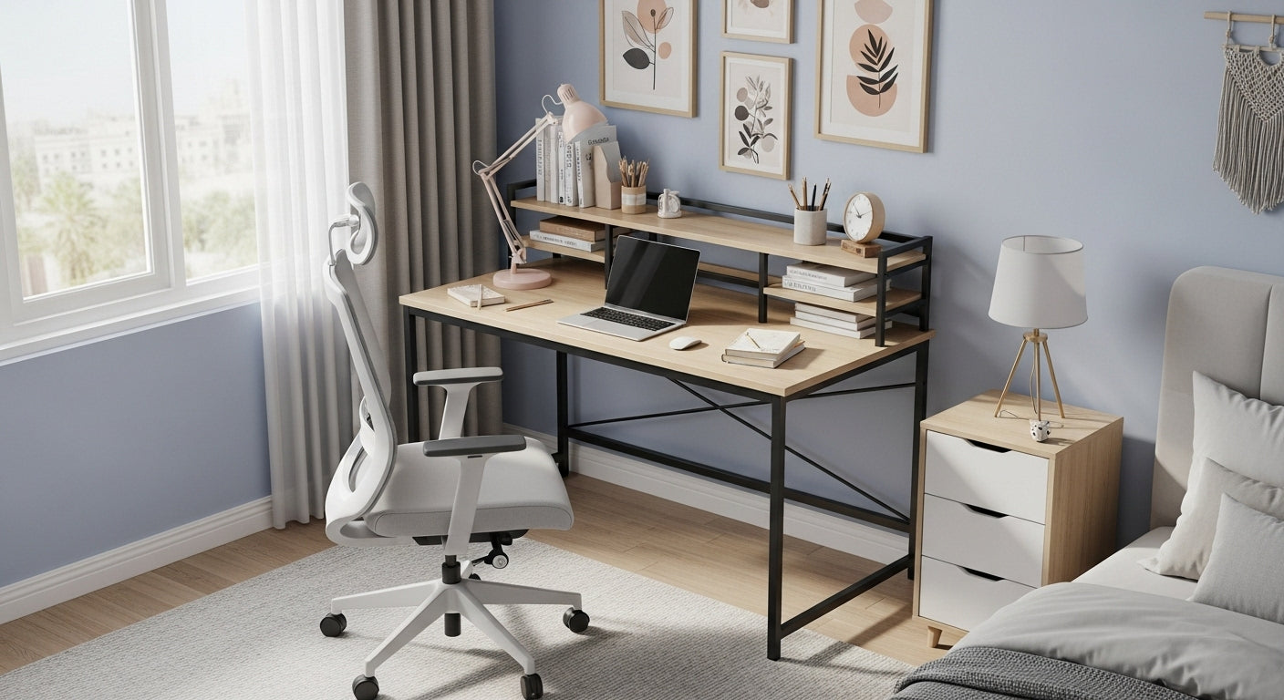 Home office with a desk, chair, and decor elements.