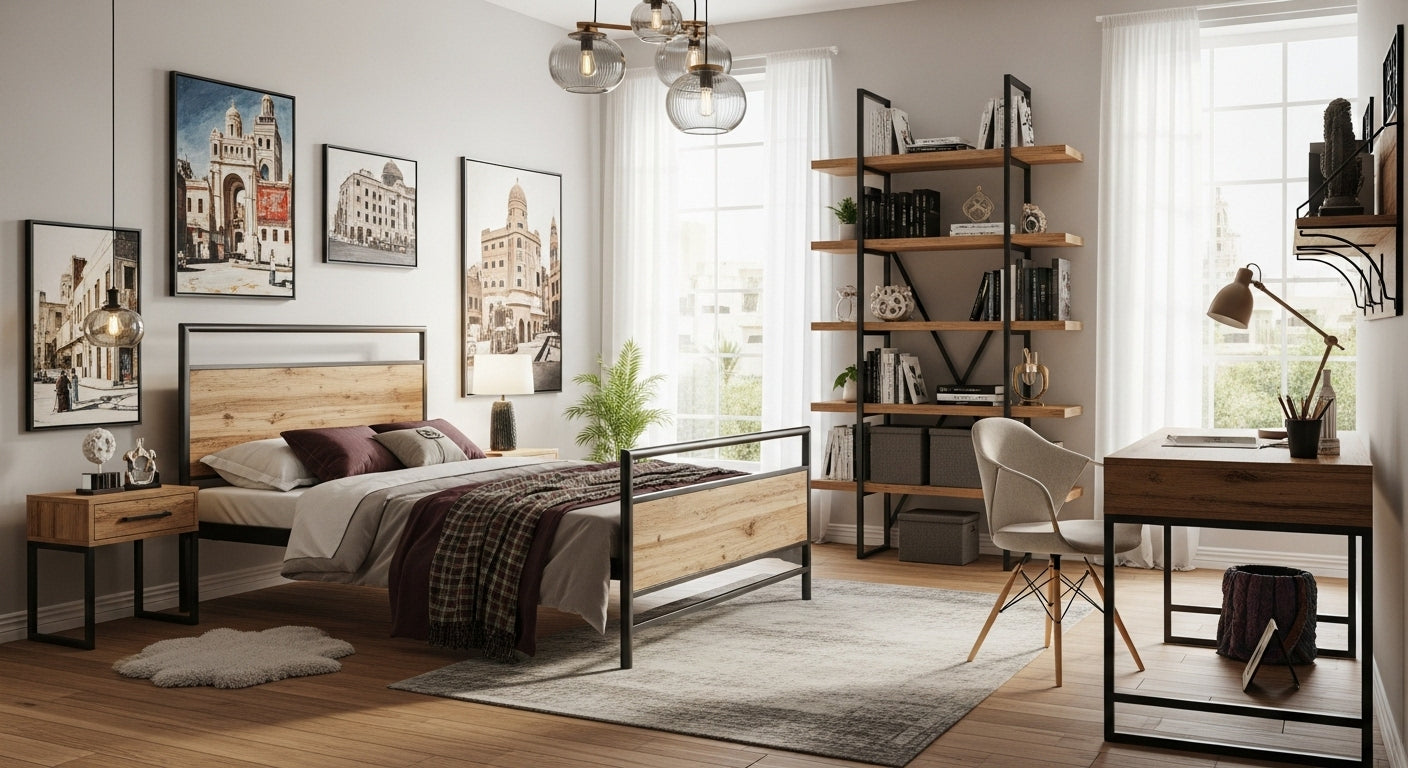 Modern bedroom with wooden bed, shelves, and desk.