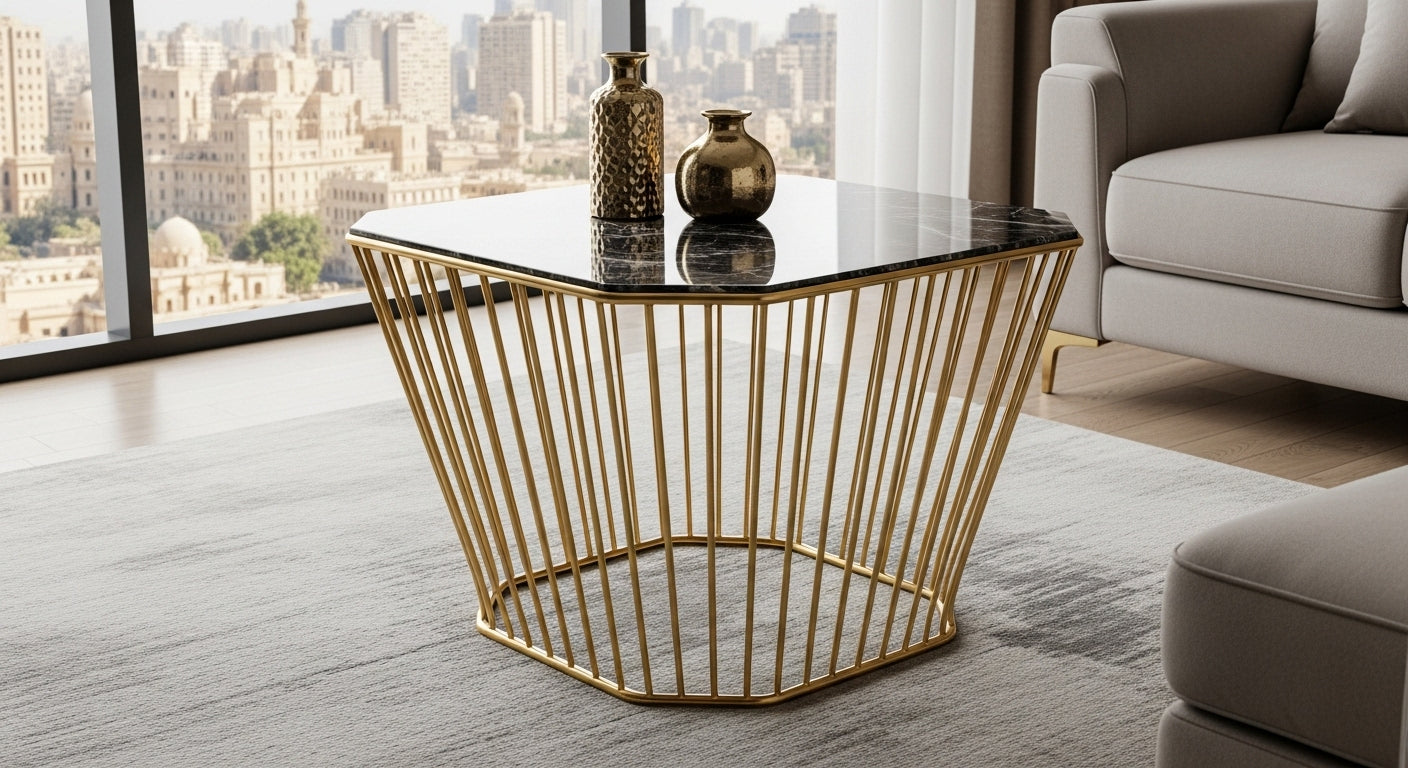 Modern coffee table with gold metal frame and black glass top in a living room setting.