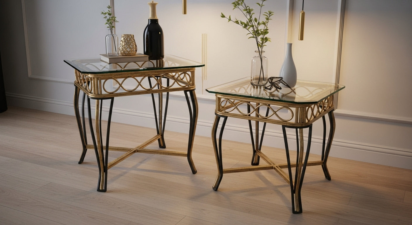 Two glass tables with decorative items on a wooden floor.