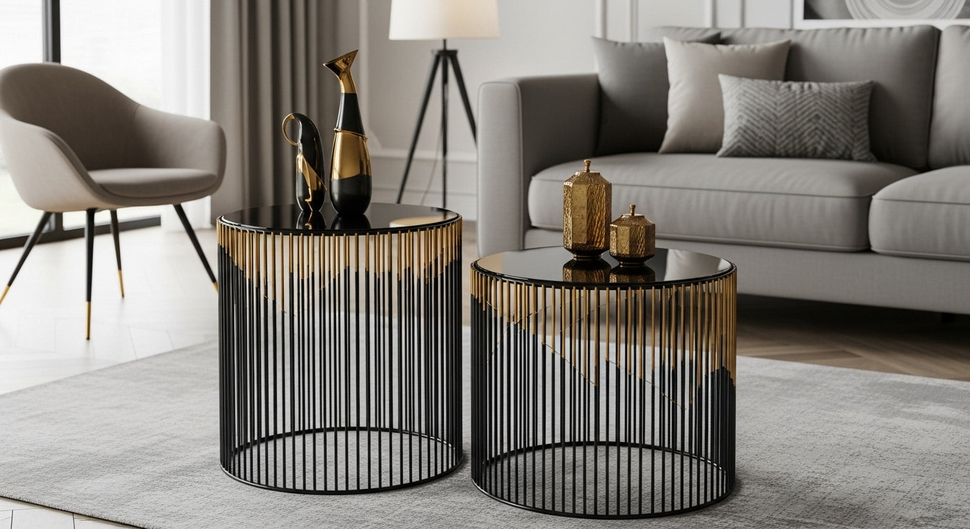 Two modern side tables with decorative items in a living room setting.