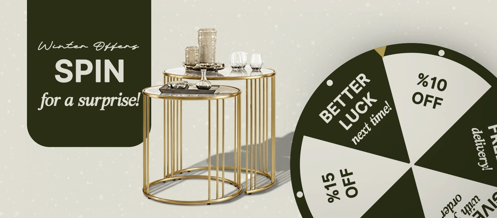 Decorative tables with a spinning wheel offering winter discounts on a light background