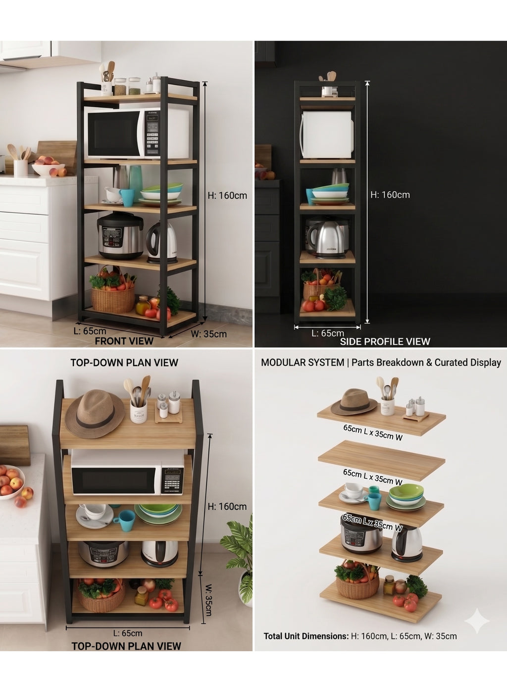 5-Tier Steel Kitchen Storage Rack – Wood Look Shelves – Multipurpose Microwave Stand Organizer