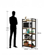 Shelving unit with dimensions shown next to a silhouette of a person for scale.