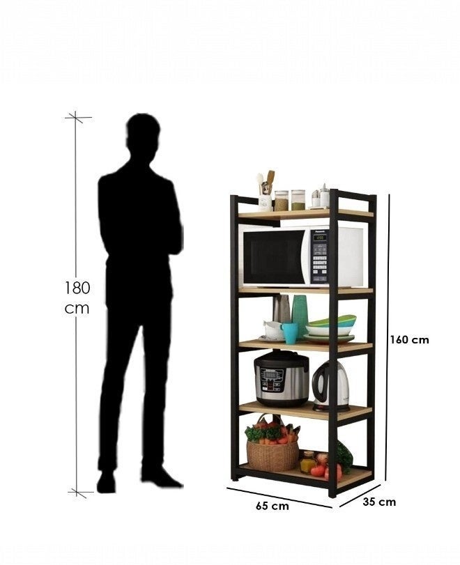 Shelving unit with dimensions shown next to a silhouette of a person for scale.