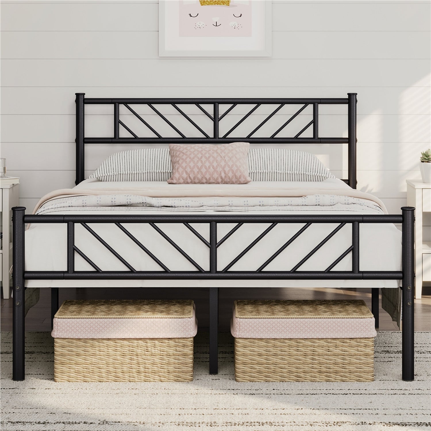 Metal Bed Frame with Arrow Design Headboard and Footboard