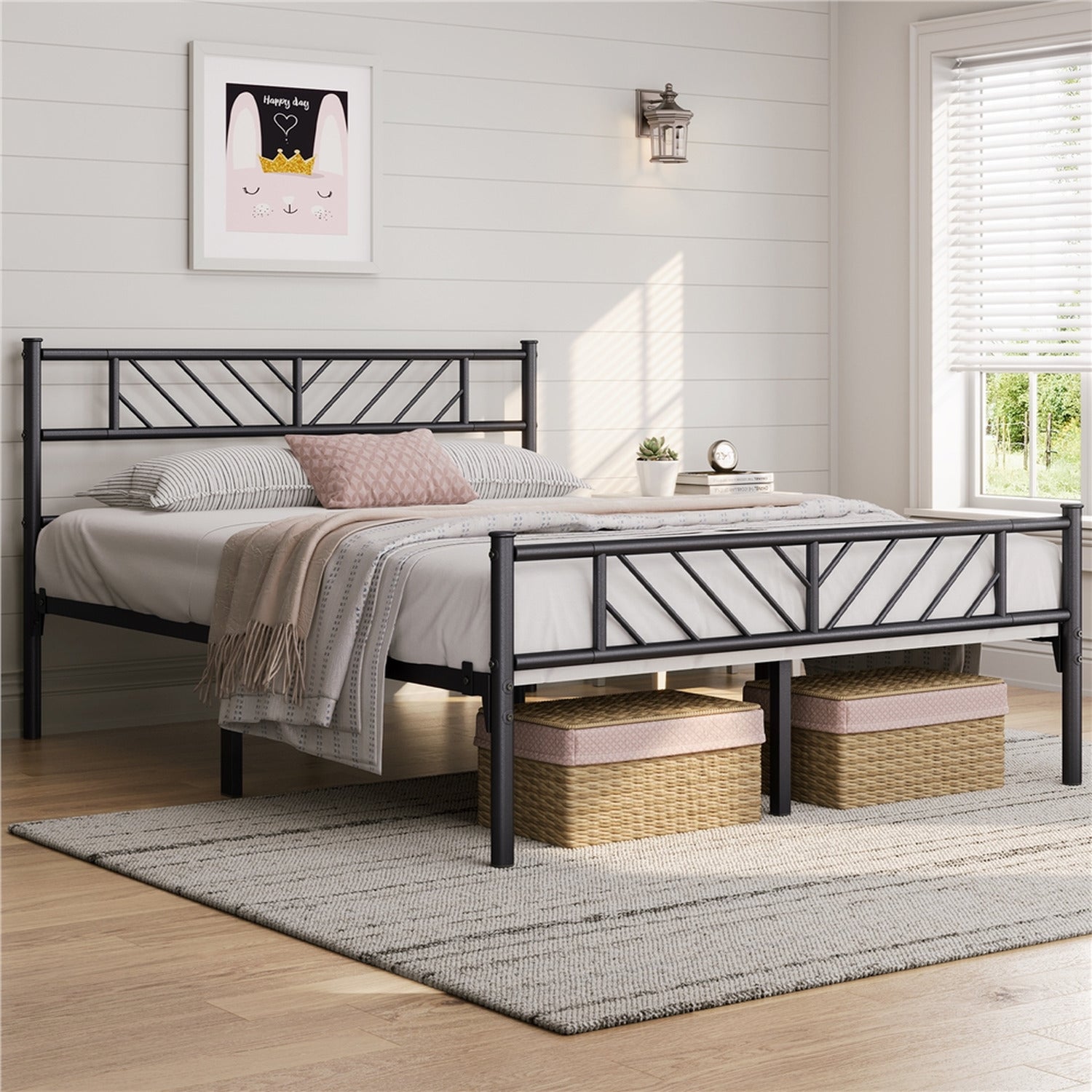 Metal Bed Frame with Arrow Design Headboard and Footboard