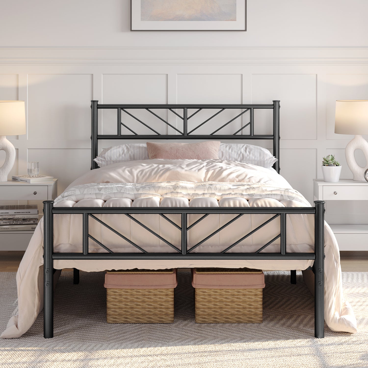 Metal Bed Frame with Arrow Design Headboard and Footboard