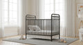 Black crib in a bright room with large windows and light-colored walls.