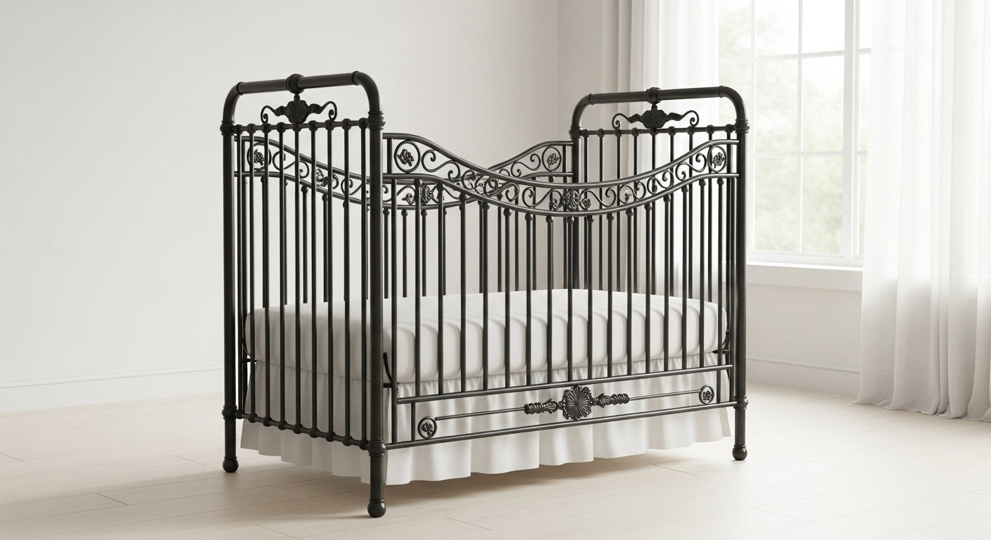 Vintage-style iron crib in a bright room with white bedding
