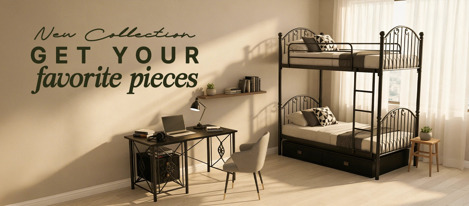 Bunk bed in a room with a desk and decor, featuring text about a new collection.