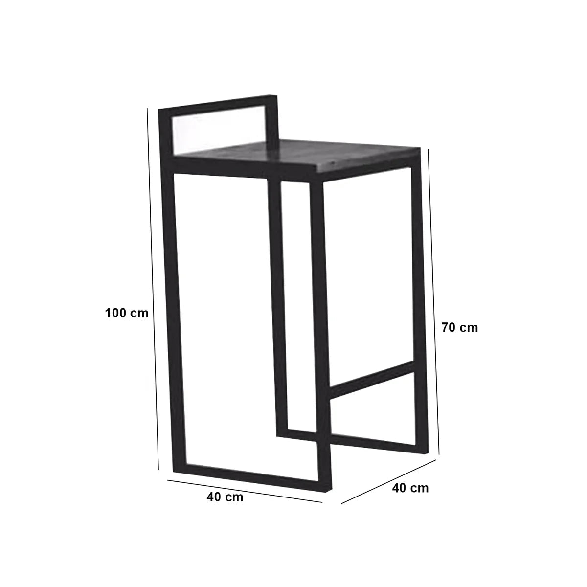 Black metal stool with dimensions on a white background