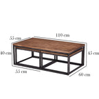 Measurement chart of a wooden coffee table with dimensions labeled.