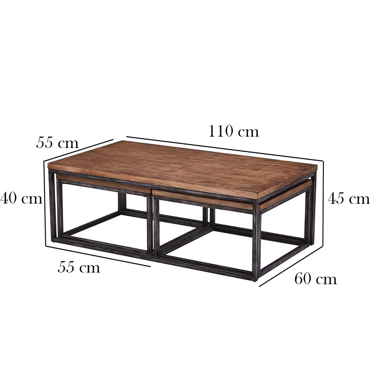 Measurement chart of a wooden coffee table with dimensions labeled.