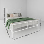White metal bed frame with dimensions marked on a gray background