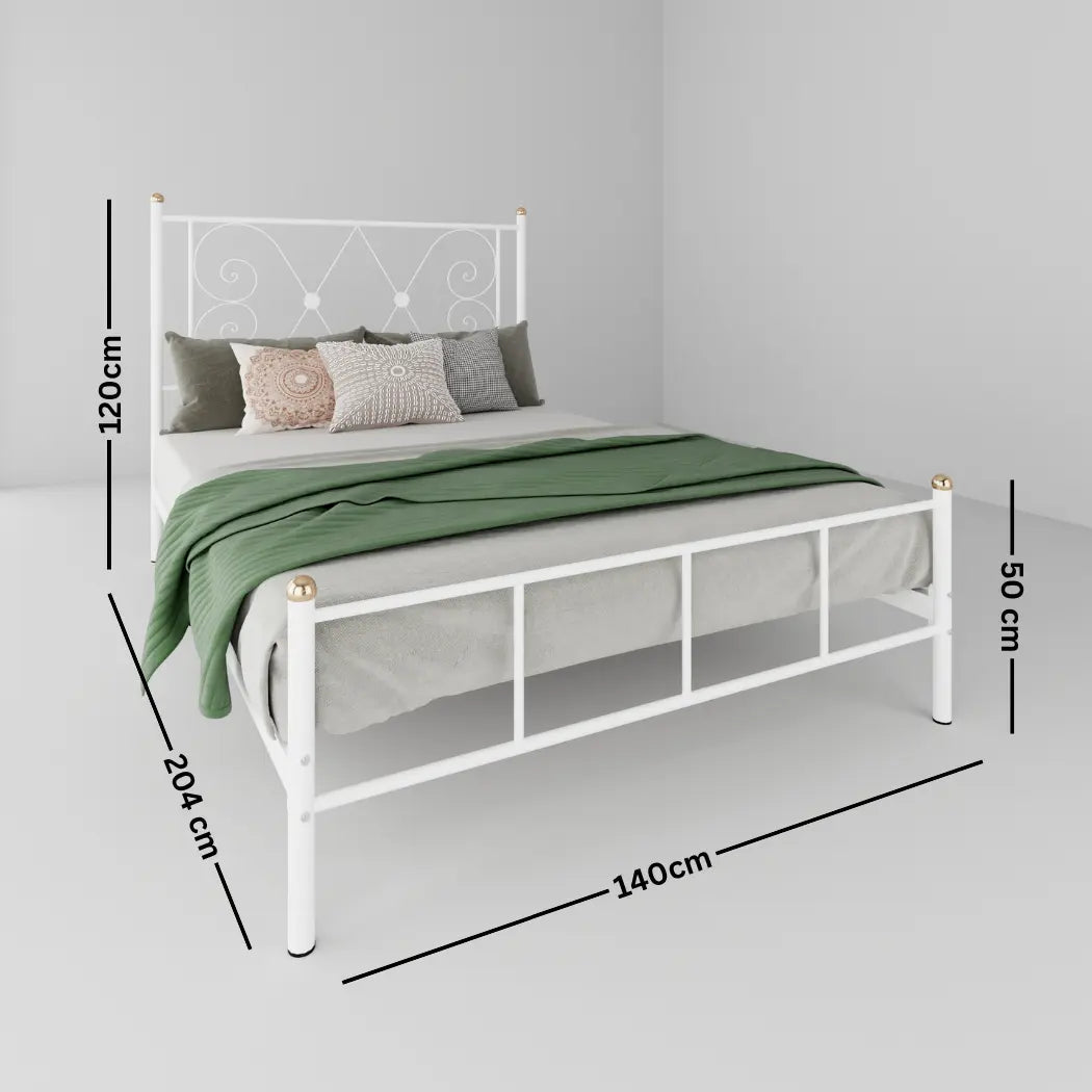 White metal bed frame with dimensions marked on a gray background