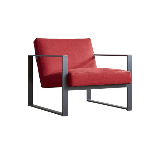 Red armchair with black metal frame on a white background