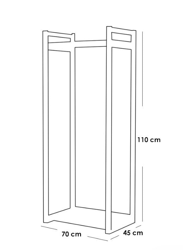 Line drawing of a wooden wardrobe with dimensions labeled, featuring the brand 'woodx'.