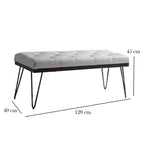 Gray tufted bench with black hairpin legs and dimensions on a white background