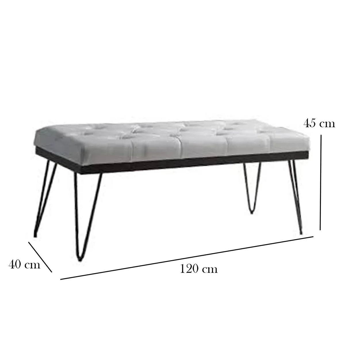 Gray tufted bench with black hairpin legs and dimensions on a white background