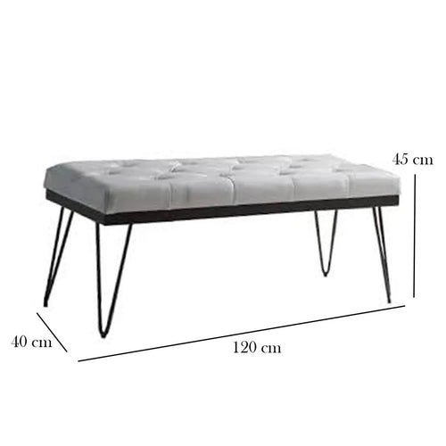 Gray tufted bench with black hairpin legs and dimensions on a white background