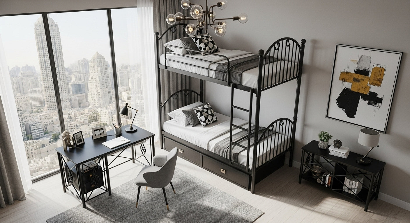 Modern bedroom with bunk bed, desk, and city view
