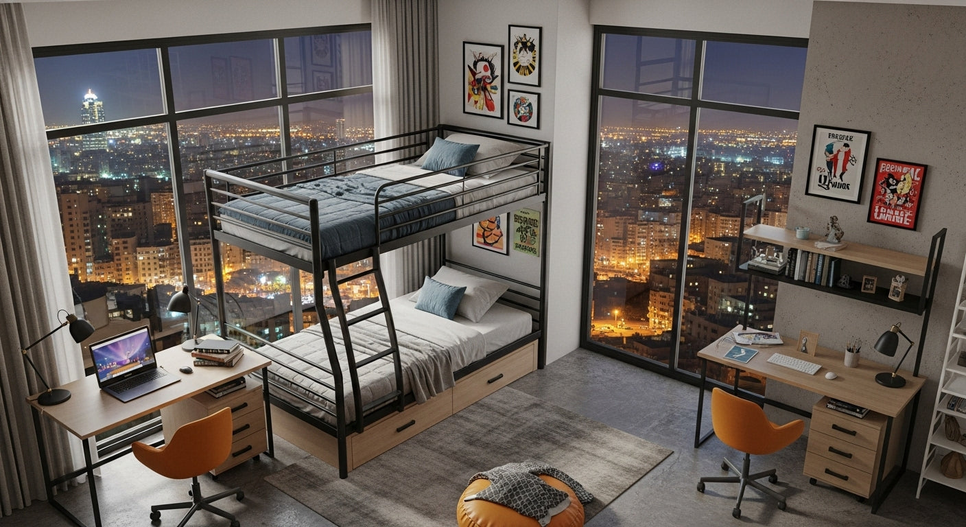Modern bedroom with bunk bed, desk, and cityscape view
