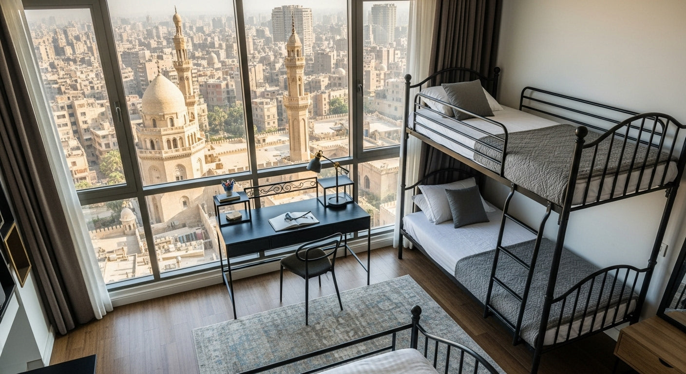 Modern bedroom with bunk beds and a cityscape view through large windows.