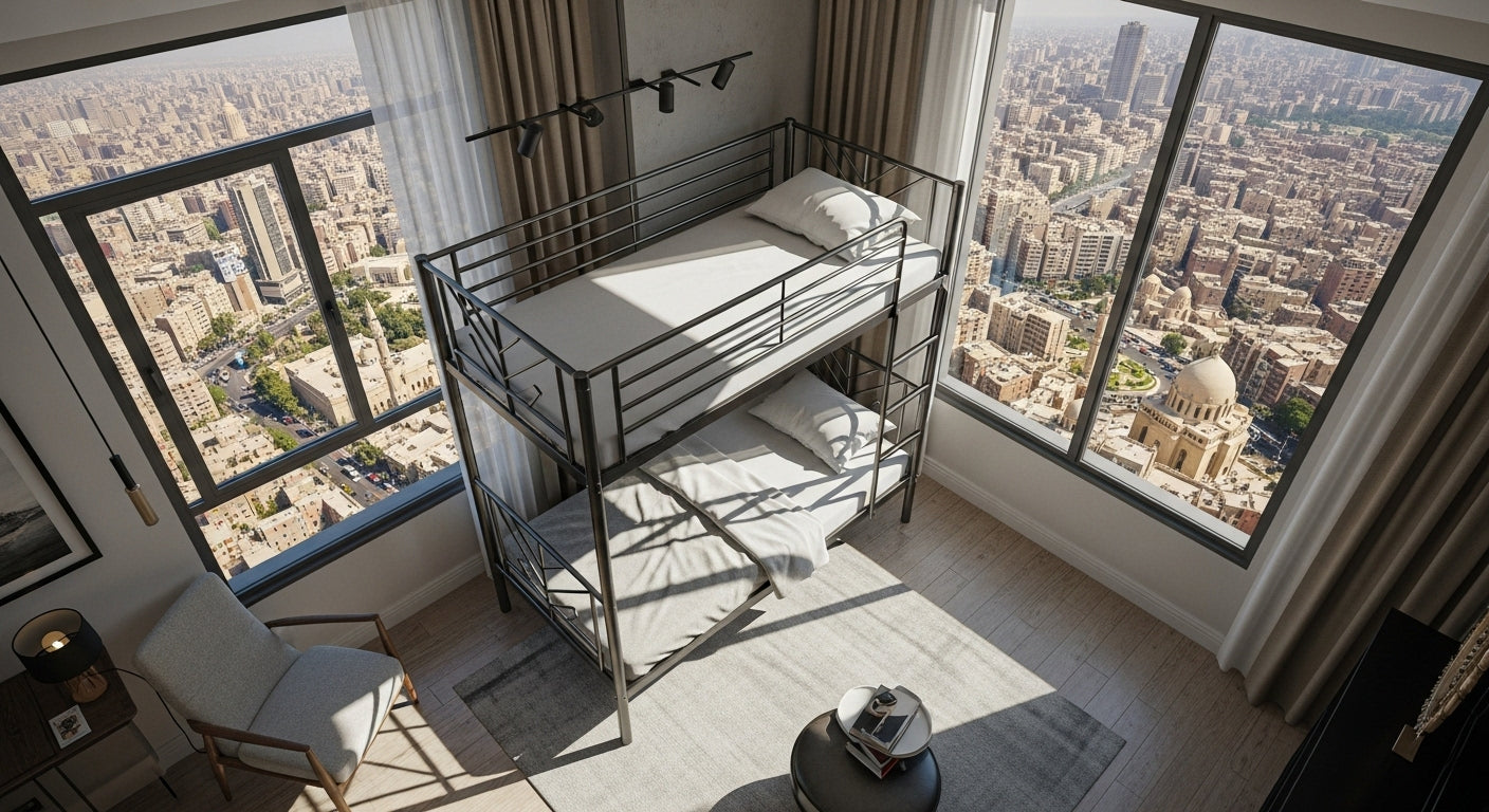 Bunk bed in a room with large windows offering a cityscape view