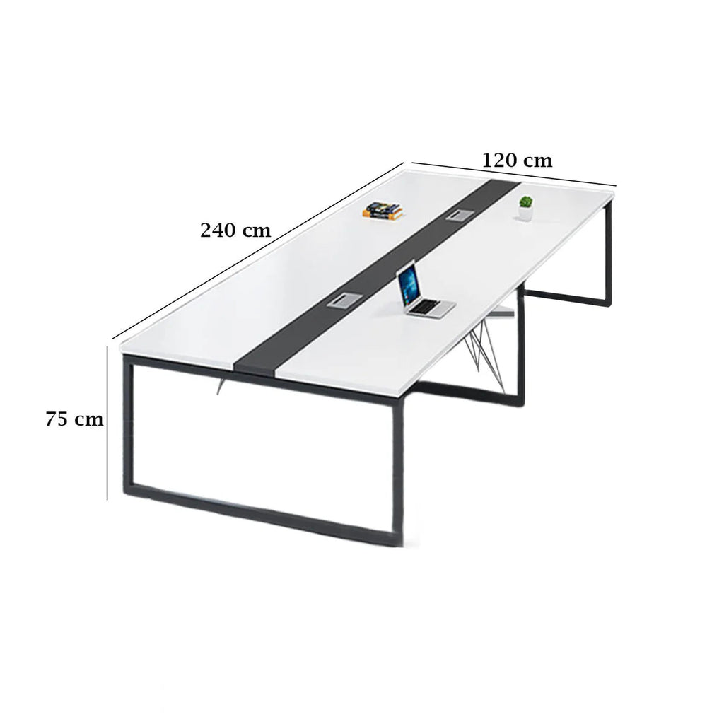 White conference table with dimensions labeled on a white background