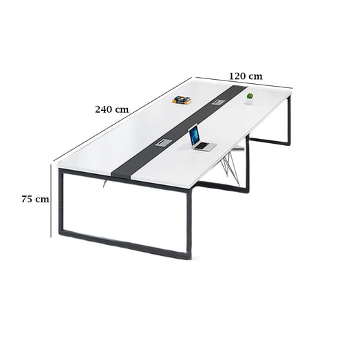 White conference table with dimensions labeled on a white background