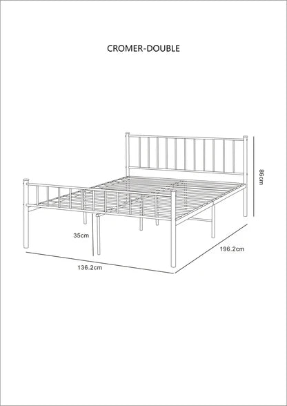 Technical drawing of a double bed with dimensions labeled