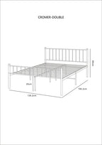 Technical drawing of a double bed with dimensions labeled
