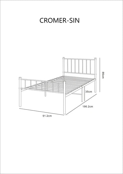 Dimensions of a metal bed frame labeled 'Cromer-Sin' on a white background