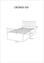 Dimensions of a metal bed frame labeled 'Cromer-Sin' on a white background