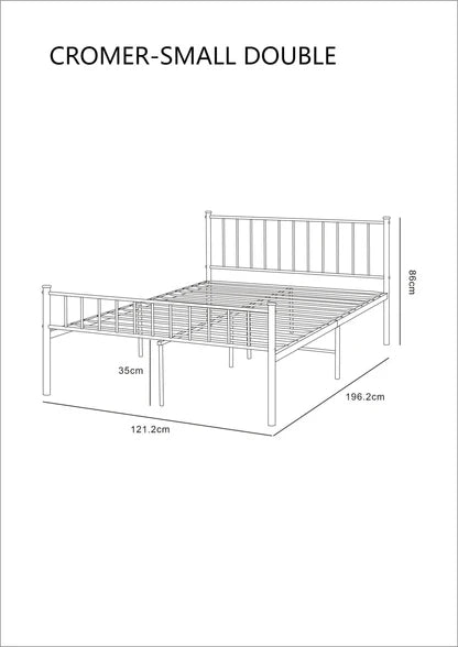 Dimensions of a Cromer-Small Double bed frame on a white background