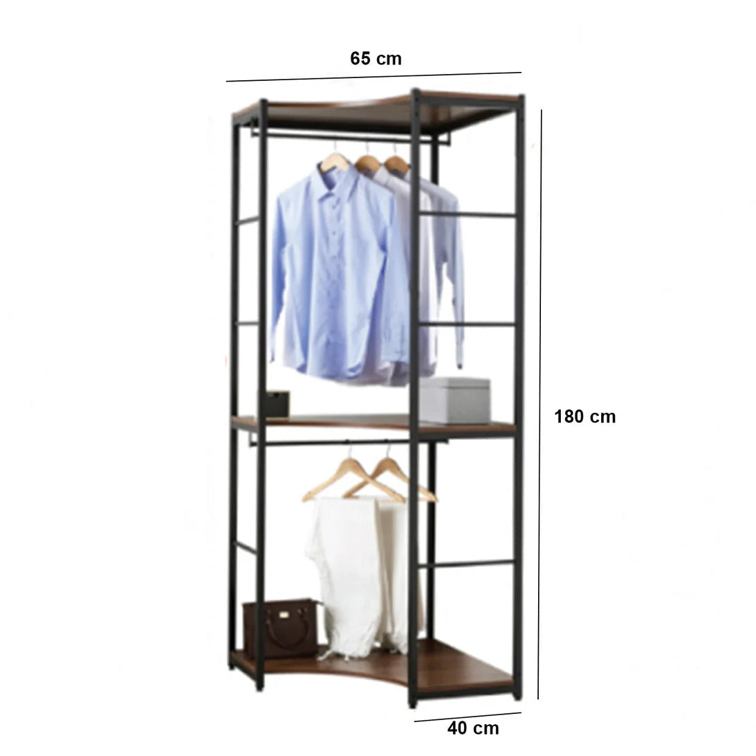 Clothing rack with dimensions labeled on a white background