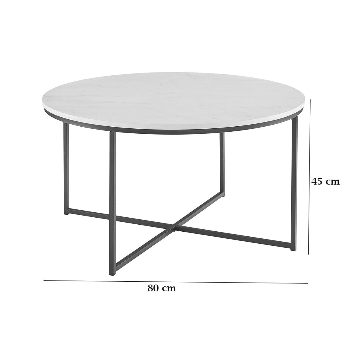 Round coffee table with white marble top and black metal frame, dimensions shown.