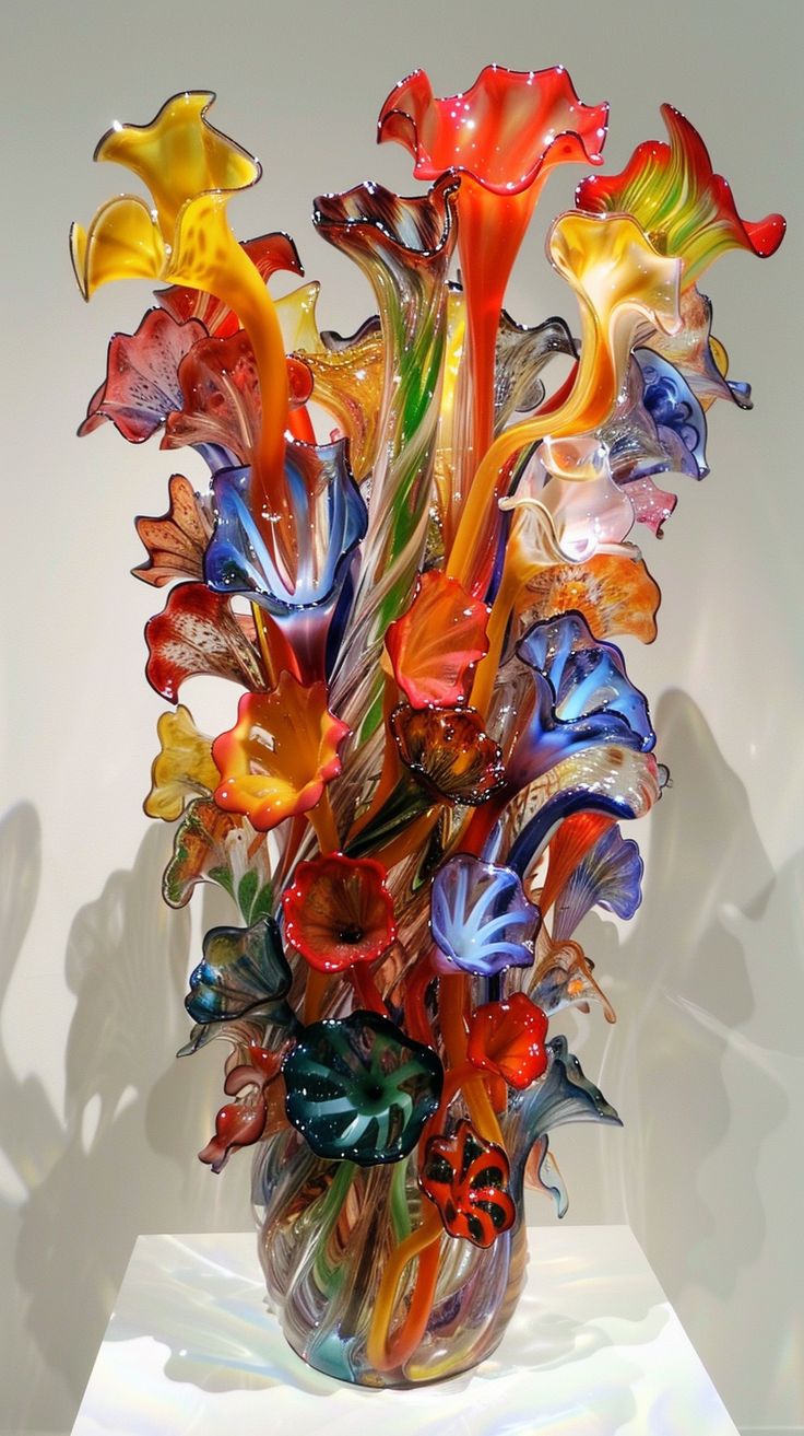 Colorful glass flower sculpture on a white pedestal against a light gray background