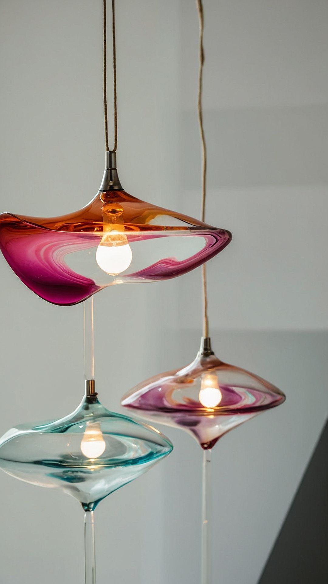 Colorful glass pendant lights hanging against a plain background