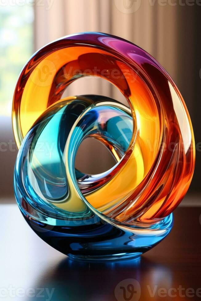 Colorful glass sculpture with swirling design on a reflective surface