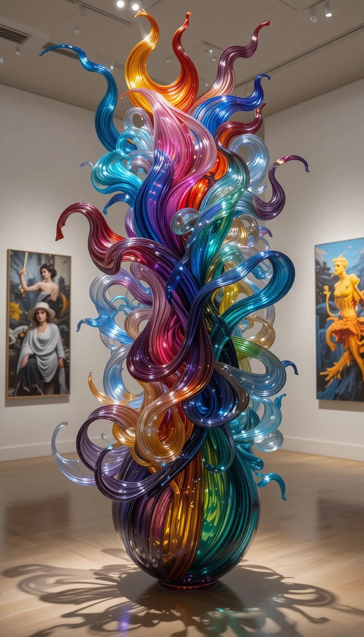 Colorful glass sculpture in a gallery setting with other artworks in the background