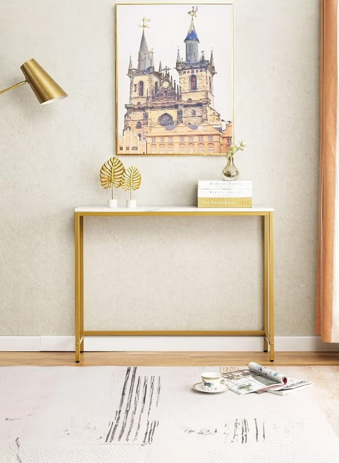 Modern Console Table with white Marble alternative Top and Gold Metal Frame – Elegant Entryway Table