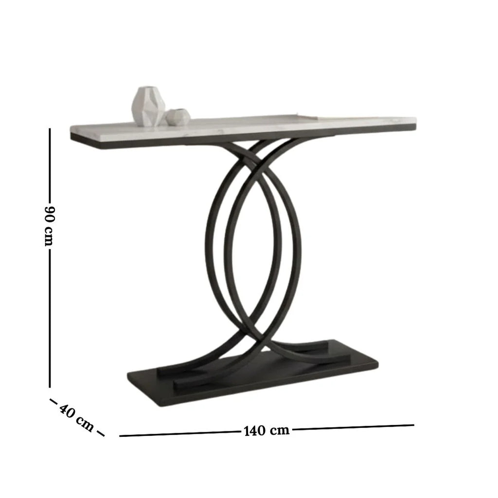Small table with marble top and black metal base, dimensions indicated.