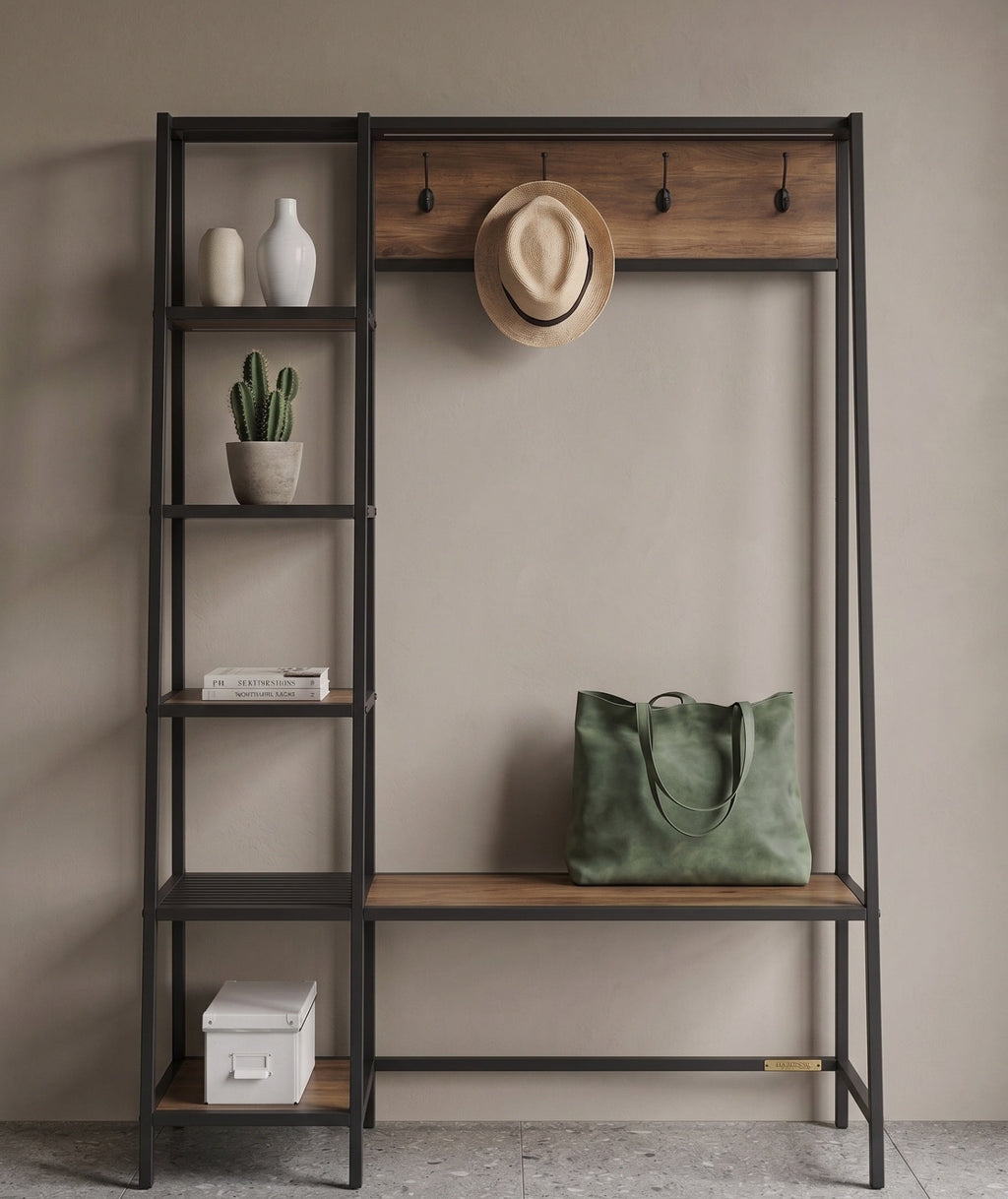 Entryway console with shelves, hooks, and a bench against a beige wall.