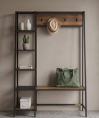 Entryway console with shelves, hooks, and a bench against a beige wall.