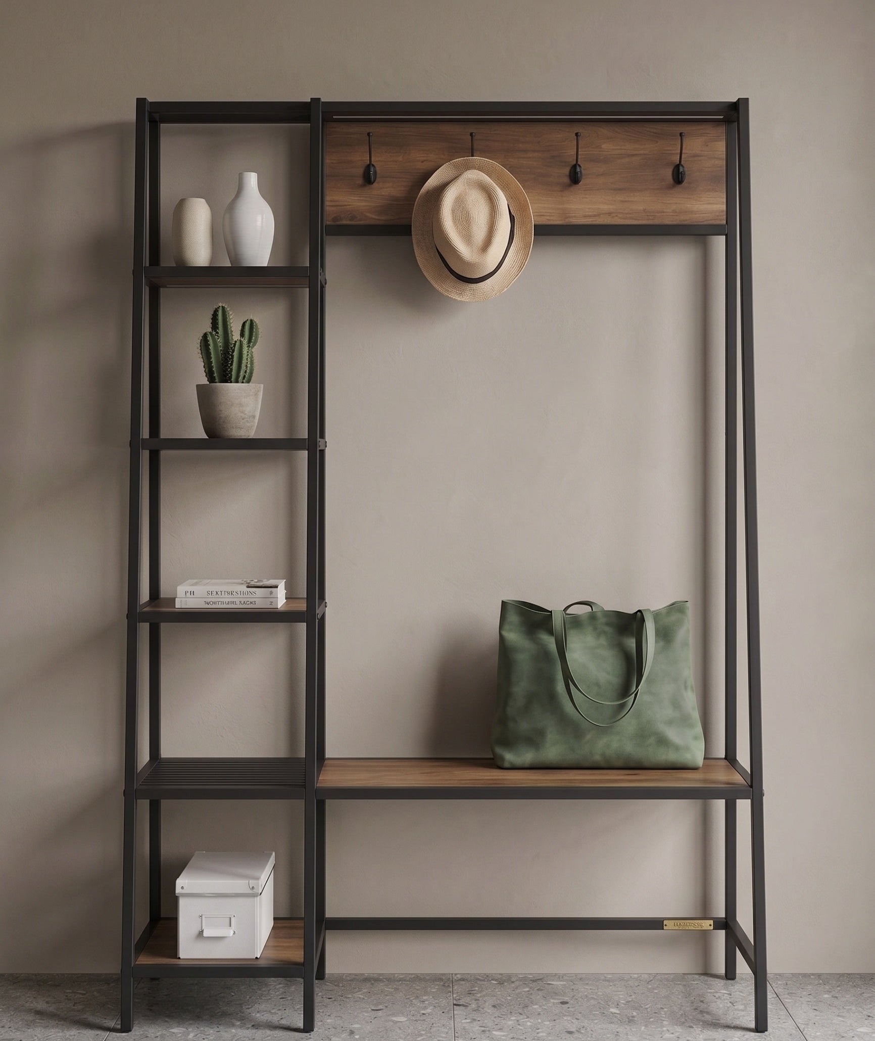 Entryway console with shelves, hooks, and a bench against a beige wall.