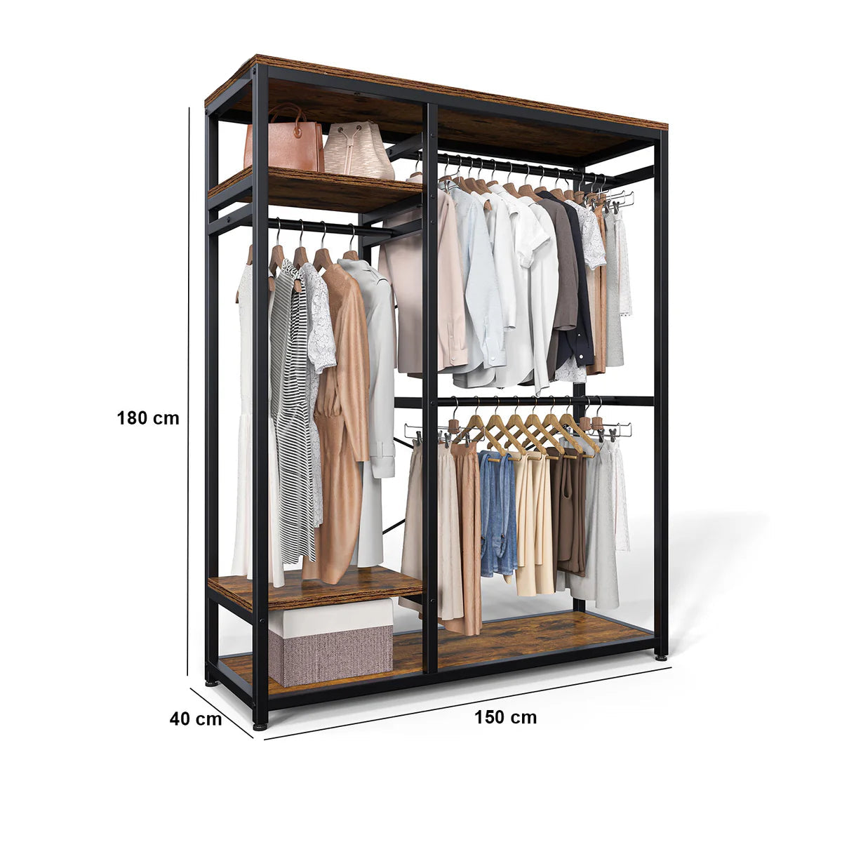 Clothing rack with dimensions labeled on a white background