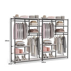Clothing rack with clothes and shoes, showing dimensions and SKU on a white background